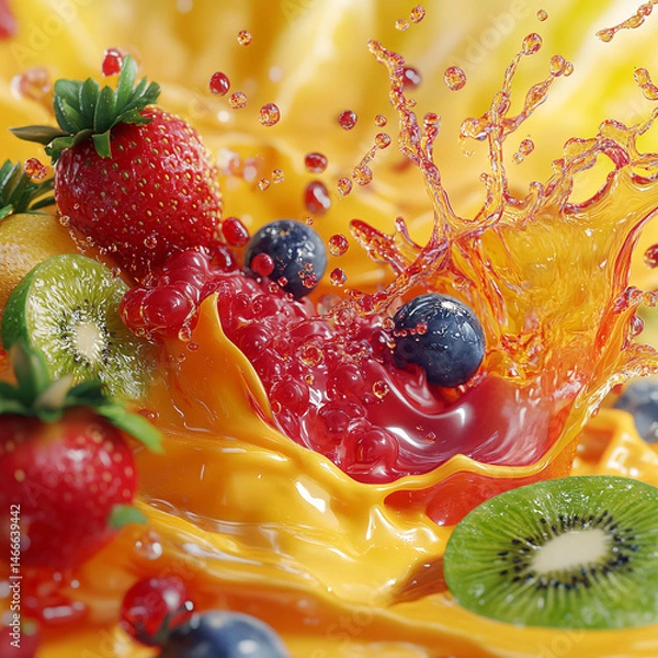 Obraz Fresh fruit salad and delicious fruit cake with berries, a sweet and healthy dessert