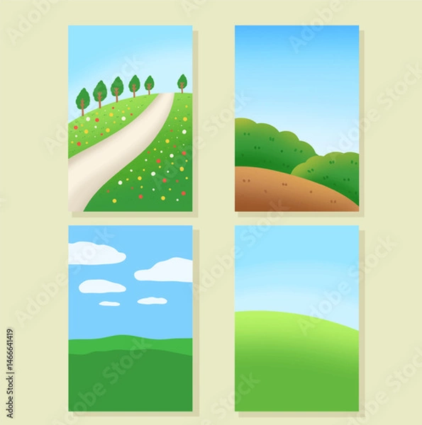 Fototapeta Set of green field and blue sky, vector.