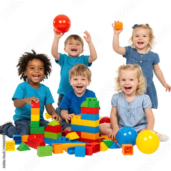 Fototapeta Happy Kids Playing with Colorful Blocks and Balls on transparent background