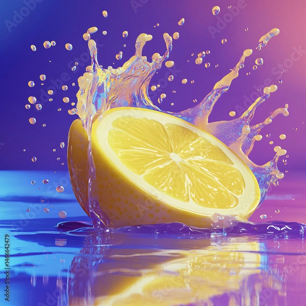 Obraz Fresh yellow citrus fruit slice splashing into blue water with bubbles