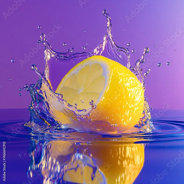 Obraz Fresh yellow lemon slice drops with a splash into clear water, creating bubbles