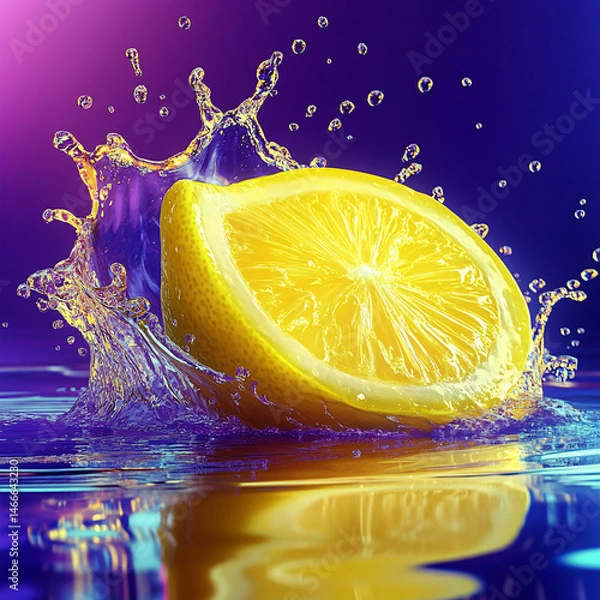 Obraz Fresh yellow citrus fruit lemon slice makes a splash in clear water with bubbles