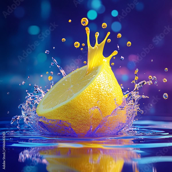 Obraz Fresh yellow citrus lemon splash in blue water with a wet drop