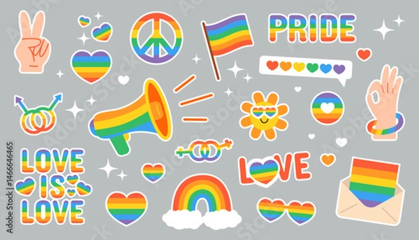 Fototapeta LGBT Pride Sticker Set with Rainbow Hearts, Flags, Peace Symbols, and Love Quotes – Colorful Vector Pack Celebrating Equality, Diversity, and Freedom for All Identities