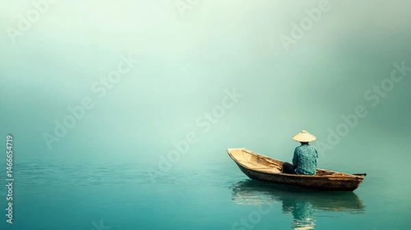 Fototapeta A Chinese fisherman wearing a conical hat, deep in meditation on a traditional boat on calm turquoise water with space for text. The composition reflects harmony and balance, evoking the spirit of Eas