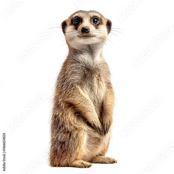 Fototapeta A charming meerkat stands upright on a white background exhibiting its curious expression and endea posture in a captivating studio portrait captured perfectly.