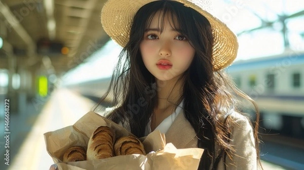 Fototapeta A nostalgic scene of a young woman standing at a train station. In her arms, she cradles a bag of freshly baked baguettes wrapped in paper, adding to the quaint, rustic charm of the setting.