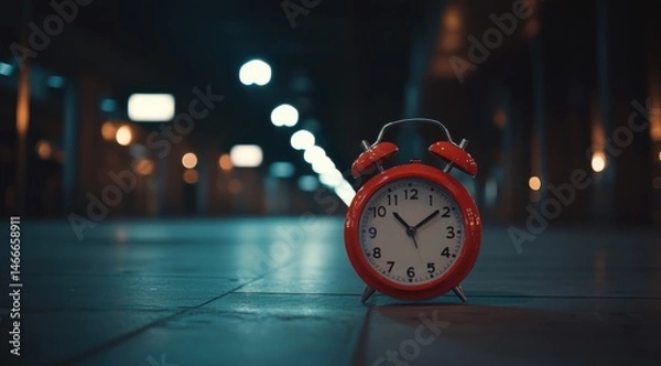 Fototapeta A red alarm clock sits on the floor in an empty, dark room, illuminated by streetlights. The time is around midnight, and the clock shows five o'clock. 