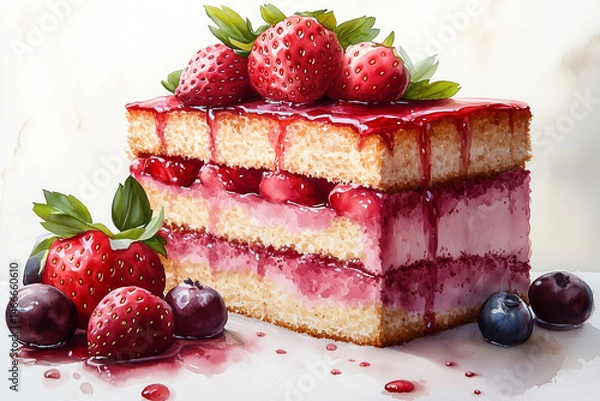 Obraz cheesecake with berries. Watercolor layer cake, sliced ​​strawberries, sweet colors, topped with jam, fruits on top, white background.