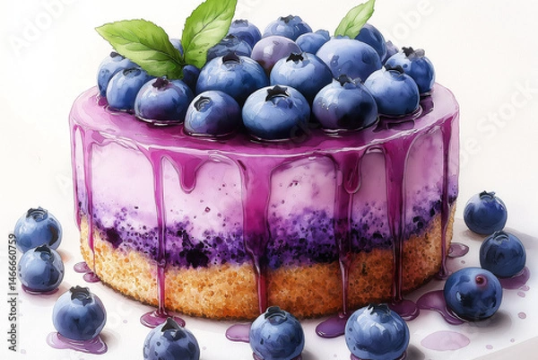 Obraz blueberries in a bowl, Watercolor blueberry Pound Cake, sweet color, topped with jam, white background