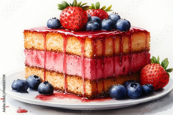 Obraz cheesecake with berries. Watercolor layer cake, sliced ​​strawberries, sweet colors, topped with jam, fruits on top, white background.