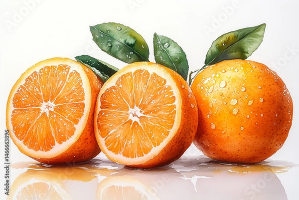 Obraz oranges and leaves, Watercolor Fresh Orange Fruits with Leaves, Pile of Cut Fruits Included on White Background.