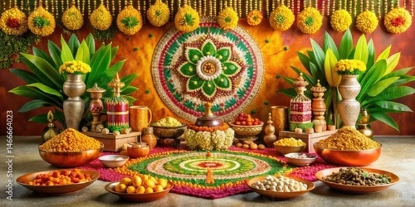 Fototapeta Colorful Pongal Festival decorations with intricate patterns and traditional motifs, featuring a beautifully arranged altar with sweets and offerings, Pongal festival, Rice harvest celebration