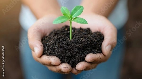 Fototapeta Hands cradling nutrient-rich soil with emerging seedling symbolizing environmental sustainability