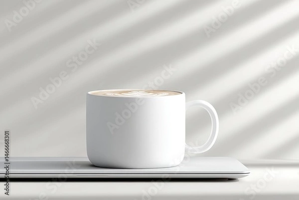 Fototapeta Minimalist coffee cup with latte art on a sleek surface