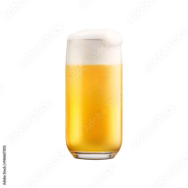 Fototapeta A tall glass filled with refreshing golden beer is showcased against a clean white background, topped with a thick head of creamy white foam and condensation.