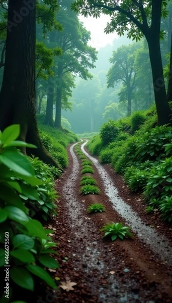 Obraz Rain-slicked dirt road winds through lush rainforest , dense, vibrant