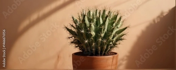 Obraz Spiky green cactus in terracotta pot, sunlight on needles, shadows, textured soil, arid home decor, minimalist aesthetic,  terracotta, cactus,  pot