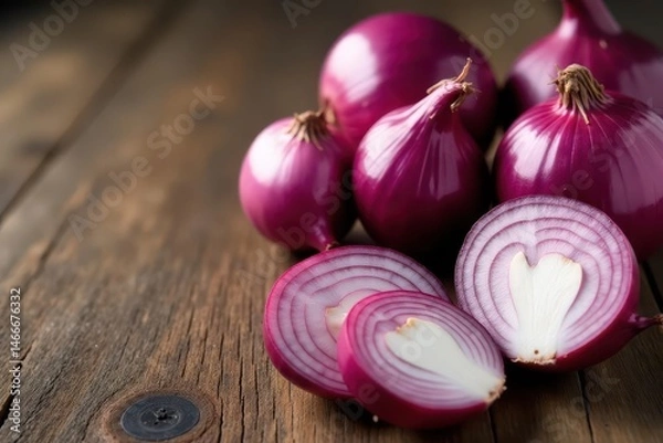 Obraz Vibrant red onions, whole and sliced, on rustic wood , raw, background, still life