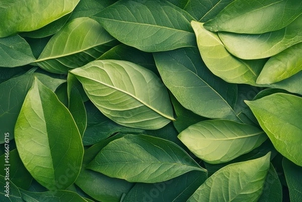 Fototapeta A close-up view of lush green leaves arranged in a natural pattern, showcasing variety and texture