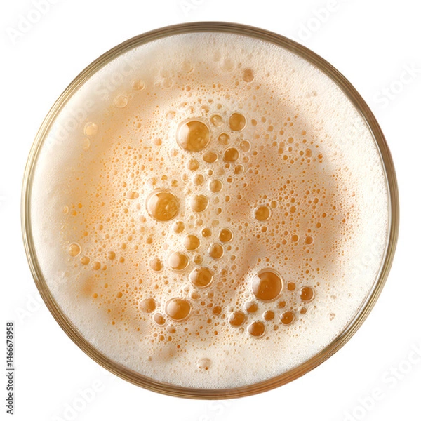 Fototapeta A refreshing glass of light beer showcases a frothy white head with varying bubble sizes, creating an appealing and inviting visual on a plain white background.