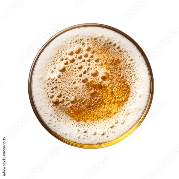 Fototapeta An overhead shot shows a refreshing glass of golden beer with frothy white head and bubbles against a clean white background creating an inviting image perfect for ads.