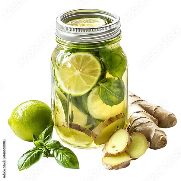 Obraz Lime Basil and Ginger in Mason Jar Isolated on Transparent Background