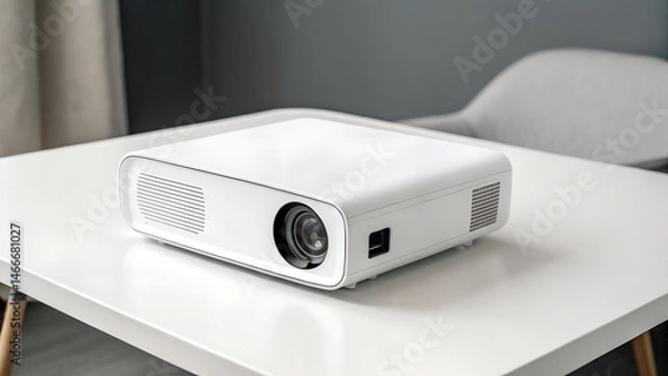 Obraz Minimalistic projector mockup on a table against gray background  