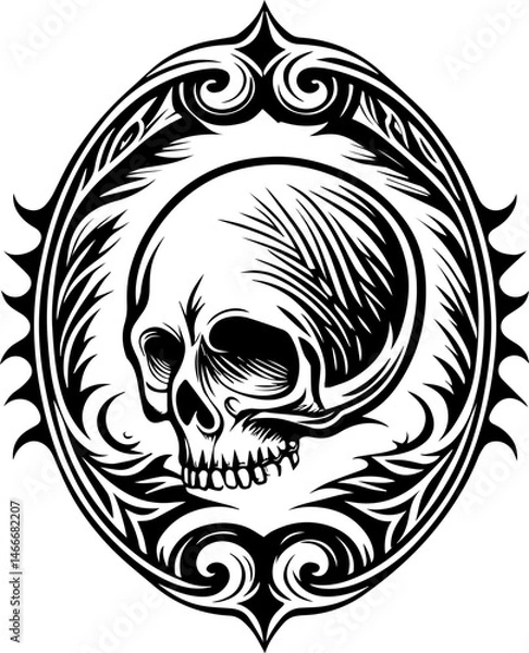 Fototapeta SVG vector of a skull with decorative frames, ideal for tattoo designs. Detailed Artistic Skull Design with Ornate Frame and Swirls