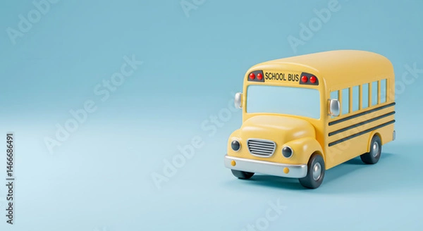 Fototapeta Distinctive Yellow 3D School Bus Featuring Rounded Design, Bold 'SCHOOL BUS' Inscription, and Red Accent Lights Set Against a Minimalist Light Blue Background