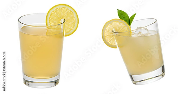 Fototapeta glass of lemonade set png. two glasses of fresh lemonade with lemon slice and leaf isolated. refreshing summer lemonade drink png