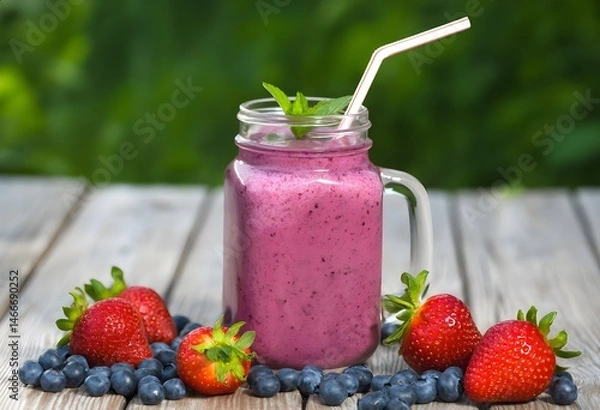 Fototapeta Berry smoothie with strawberry and blueberry in mason glas jar on wooden table outdoors. Fresh smoothie. Healthy lifestyle berry smoothie with fresh fruits and striped straw. Summer drink. Antioxidant