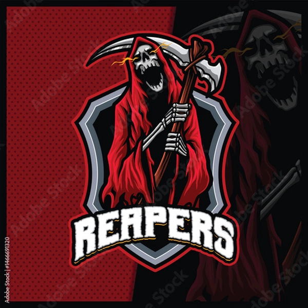 Fototapeta Grim Reaper with scythe in red Hood mascot esport logo design illustrations vector template, Devil Shooter logo for team game streamer youtuber banner twitch discord