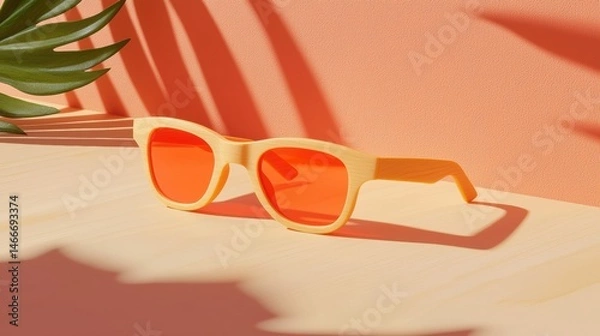 Obraz A pair of orange sunglasses with a wooden frame sits on a light brown wooden surface.