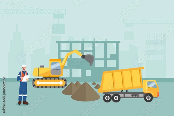 Obraz Construction site with engineer, excavator and dump truck working on building project, perfect background for safety training or project presentation slides. Flat vector illustration.