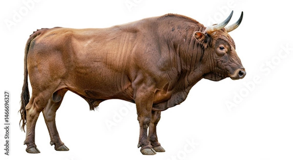 Fototapeta Impressive bull showcasing its muscular physique, large horns, and an intense stare in this profile shot. The entire animal is clearly isolated on white.