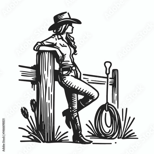 Obraz Cowgirl Leaning on hitching post. Western cowgirl Outline Clipart line art doodle vector illustration. Ranch woman resting near tether rail theme rural occupation.
