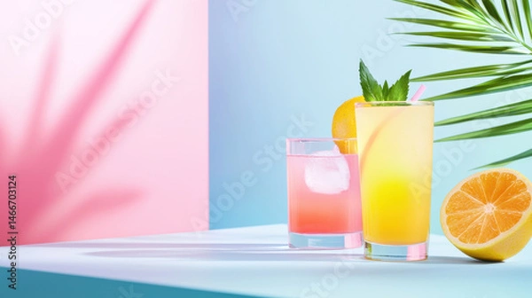 Obraz Vibrant cocktail drinks in colorful glasses with ice, garnished with mint and citrus, evoke refreshing summer vibe