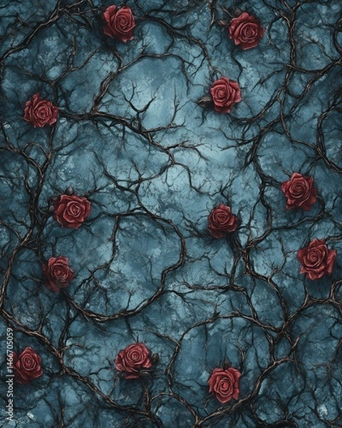 Fototapeta Roses and Branches Pattern on Textured Blue Background Overhead View Romantic Floral Design