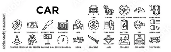 Fototapeta Car  icon set. Containing Car, Engine, Steering Wheel, Speedometer, Gear Shift, Tire, Fuel Pump, Battery, Key, Headlight, Brake, Windshield, Exhaust Pipe, Radiator, GPS, Seatbelt, Jack, Toolbox, Car W