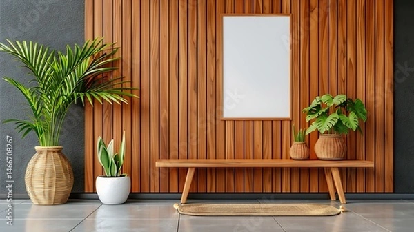 Fototapeta A modern interior with wooden panels, a bench, and potted plants arranged in a minimalist style