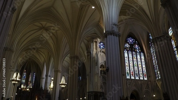 Fototapeta Inside view of a Gothic cathedral, ornate pointed arches and ribbed vaults creating a majestic ambiance, sunlight filtering through stained glass, expansive shot.  