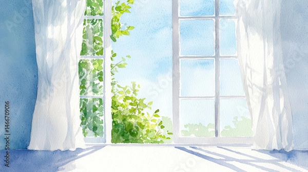 Obraz Serene watercolor sketch of window with sheer curtains, allowing soft light to illuminate bright, green landscape outside
