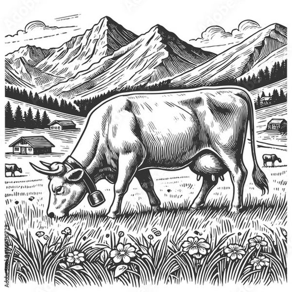 Fototapeta cow grazing in an alpine meadow, with mountains, a farmhouse, and wildflowers in the background, drawn in an engraved style sketch engraving generative ai vector. Scratch board. Black and white image.