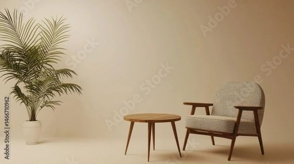 Fototapeta Relaxing armchair, side table, plant, beige room, interior design