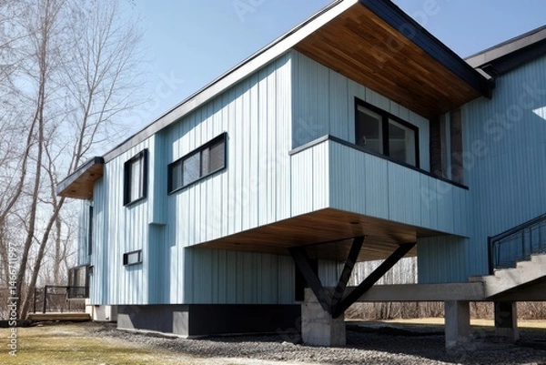Fototapeta Cantilevered upper floor with light blue siding 