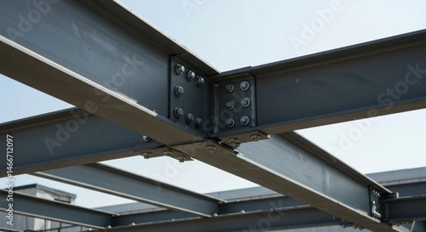 Obraz Industrial steel beam construction framework with bolted connections in clear sky