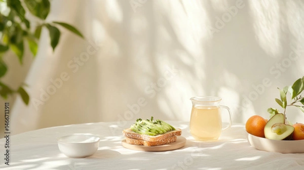 Obraz wholesome breakfast scene featuring avocado toast, glass of herbal tea, and fresh fruits on white tablecloth, evoking health and detox vibes