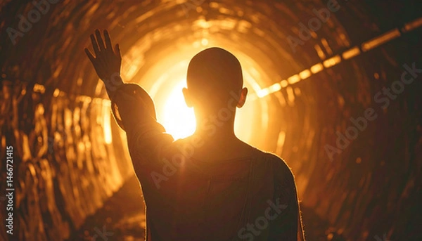 Fototapeta Bald person standing in dark tunnel reaching toward bright glowing light at end, creating warm and hopeful atmosphere with soft golden tones