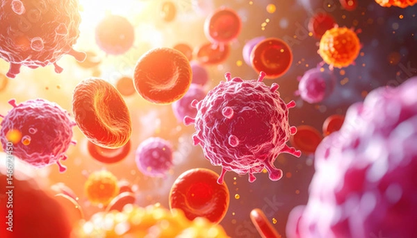 Fototapeta Cancer cell under immune attack with red blood cell and virus in bright light, detailed 3D render showing subsurface scattering effect and biological interaction in bloodstream